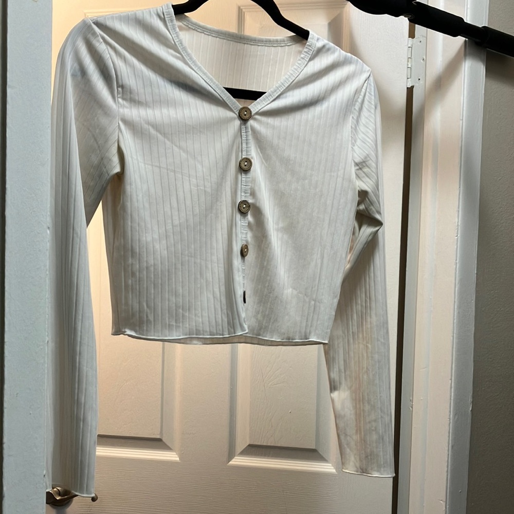White Button-Up Ribbed Women's Top